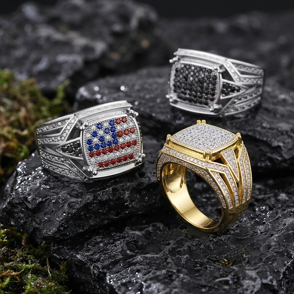 Men's Zircon-Inlaid Geometric Ring - Hip-Hop &amp; Business Style