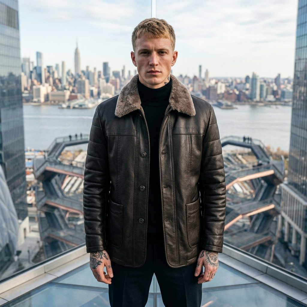 Manteau en cuir mi-long en véritable peau de mouton pour homme – Veste d'hiver doublée de fourrure avec col à revers et fermeture éclair