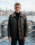Manteau en cuir mi-long en véritable peau de mouton pour homme – Veste d'hiver doublée de fourrure avec col à revers et fermeture éclair