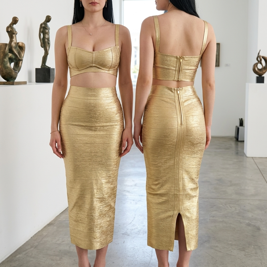 Women's Gold-Embossed Bandage Crop Top &amp; Long Skirt Set