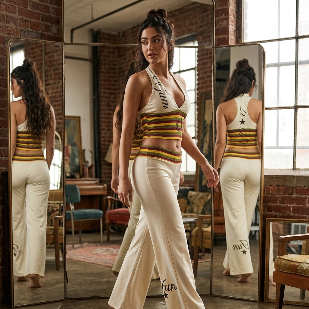 Women's Striped Crop Top &amp; Flared Wide-Leg Pants Set