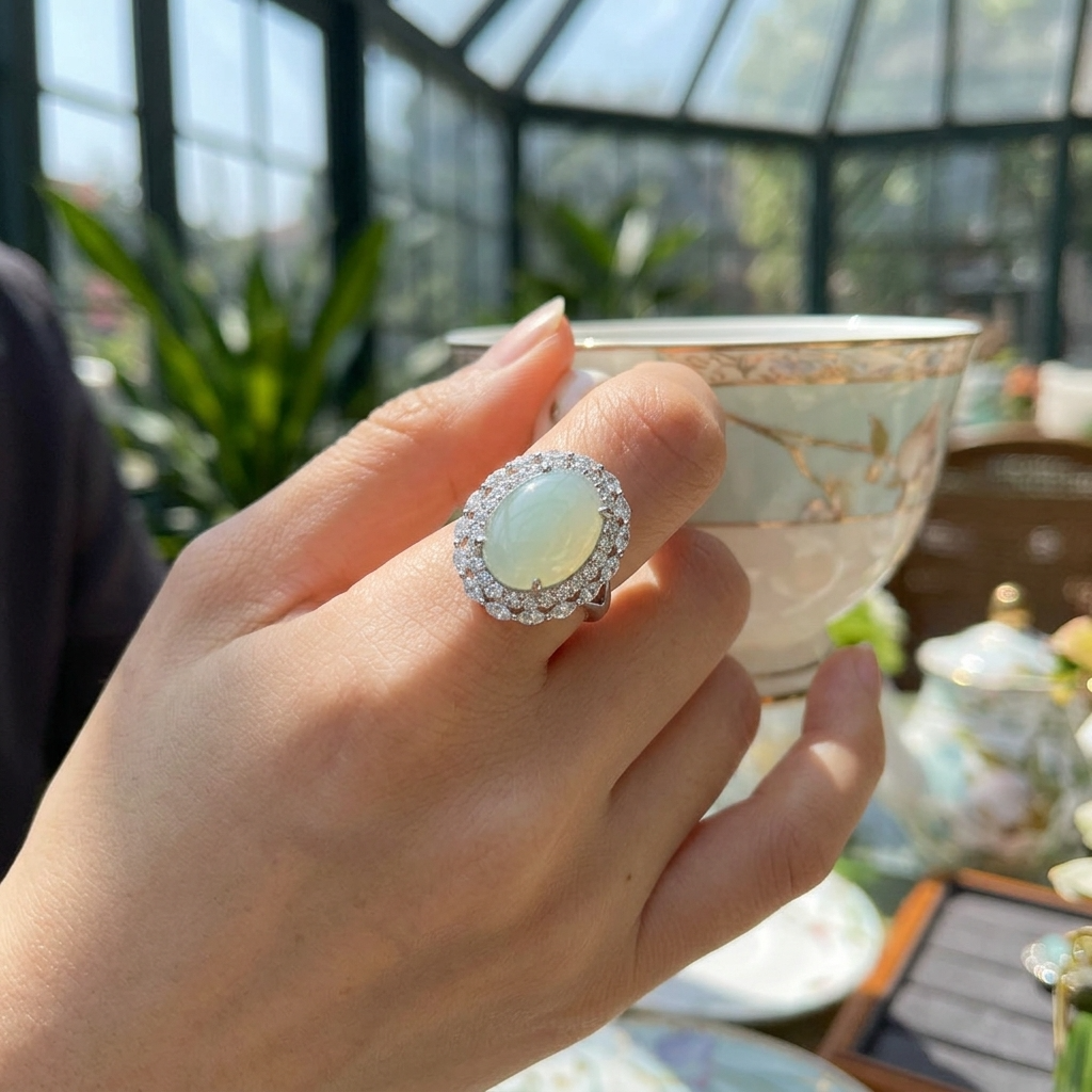 Women's Natural Hetian Jade Ring – 925 Sterling Silver Adjustable size