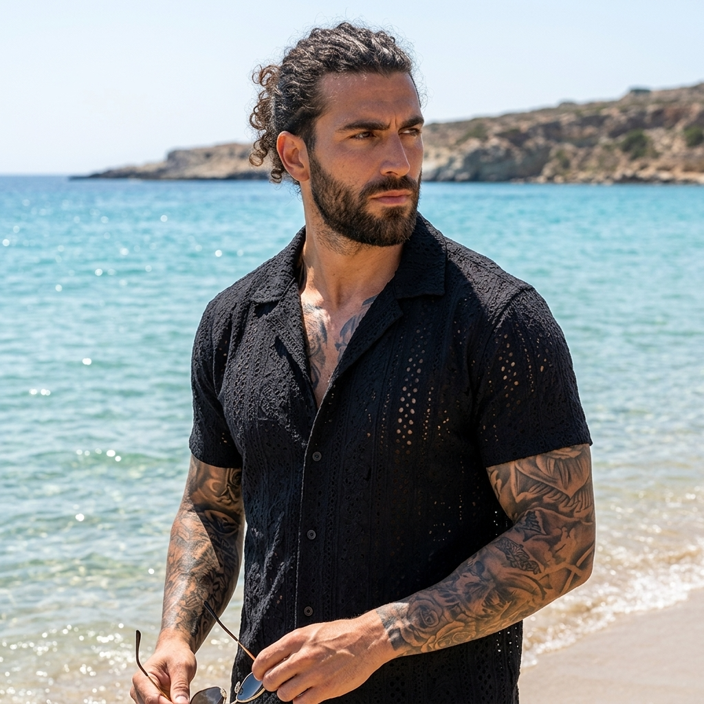 Men's Hollow Cut-Out Cuban Collar Shirt – Loose Fit Short Sleeve