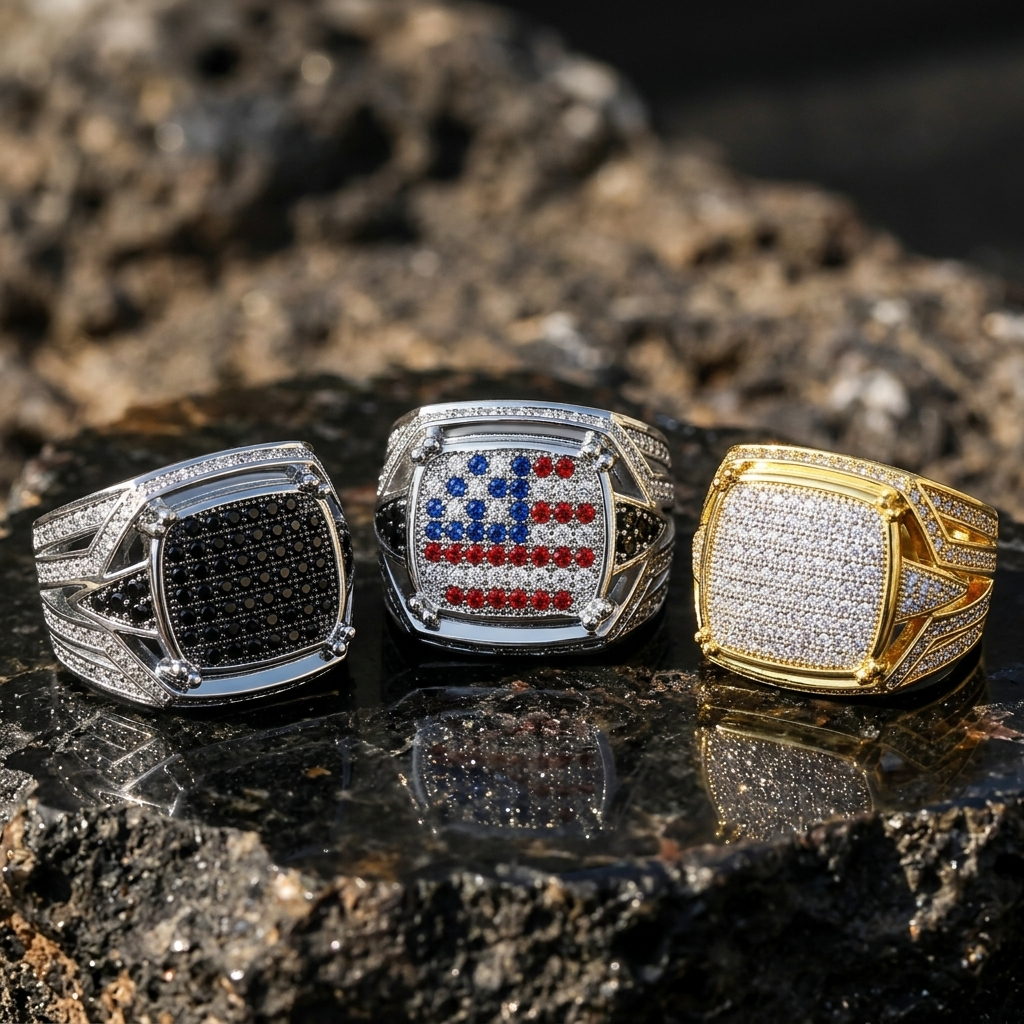 Men's Zircon-Inlaid Geometric Ring - Hip-Hop &amp; Business Style