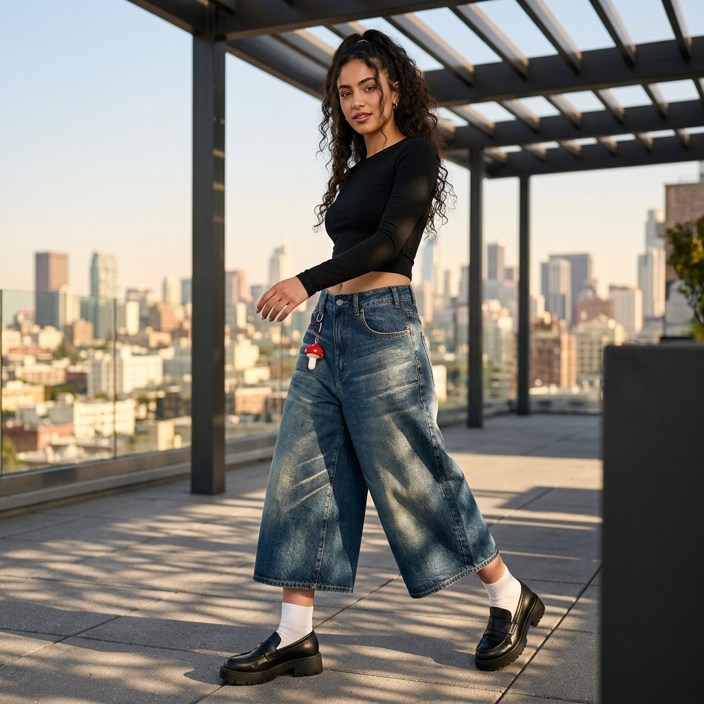 Women's Vintage Washed Denim Wide-Leg Cropped Pants