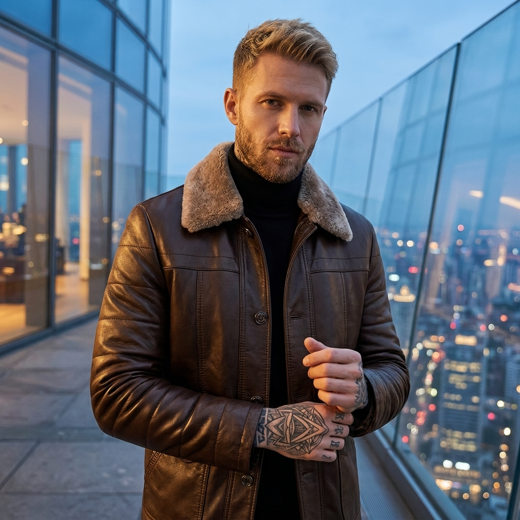 Manteau en cuir mi-long en véritable peau de mouton pour homme – Veste d'hiver doublée de fourrure avec col à revers et fermeture éclair