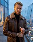 Manteau en cuir mi-long en véritable peau de mouton pour homme – Veste d'hiver doublée de fourrure avec col à revers et fermeture éclair