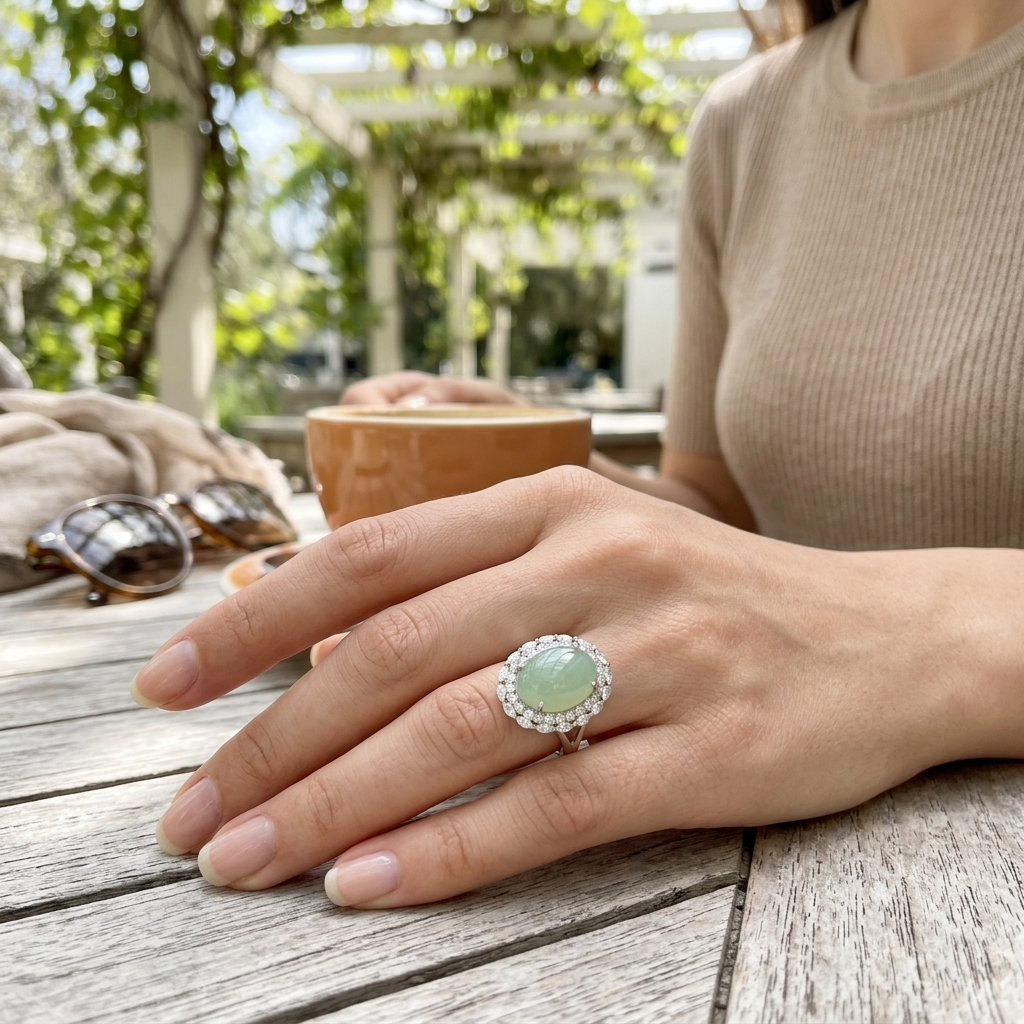 Women's Natural Hetian Jade Ring – 925 Sterling Silver Adjustable size