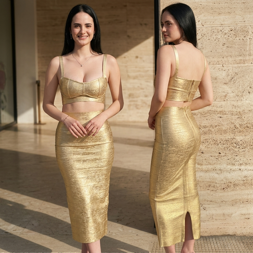Women's Gold-Embossed Bandage Crop Top &amp; Long Skirt Set