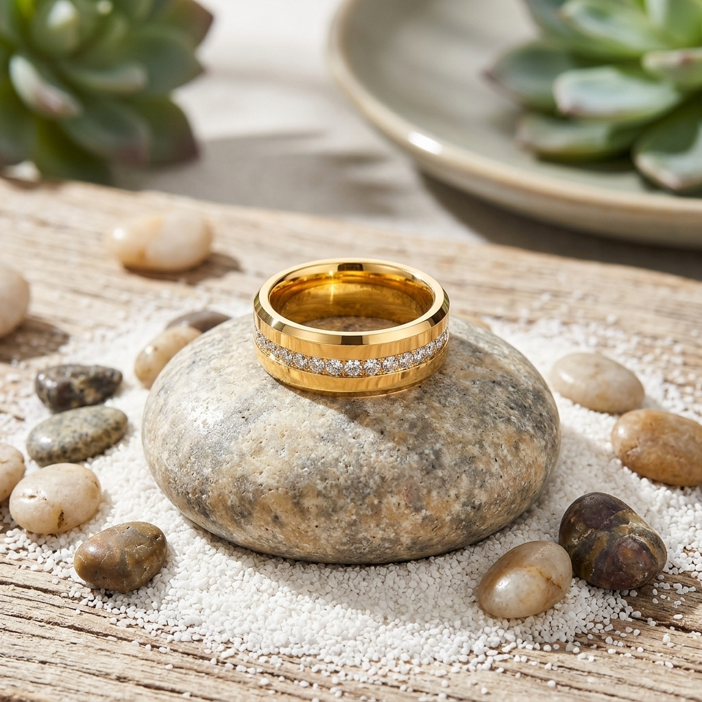 Men's Tungsten Steel Zircon Inlay Gold Ring