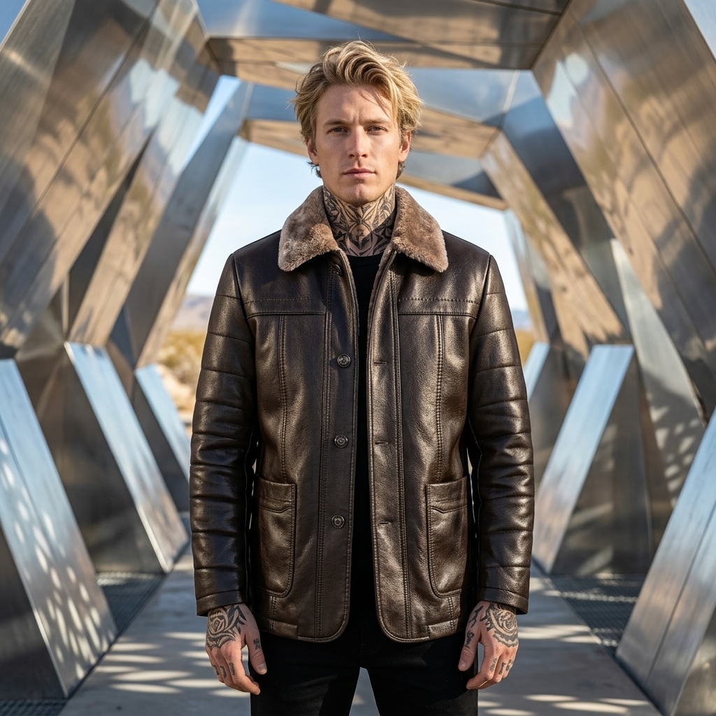 Manteau en cuir mi-long en véritable peau de mouton pour homme – Veste d'hiver doublée de fourrure avec col à revers et fermeture éclair