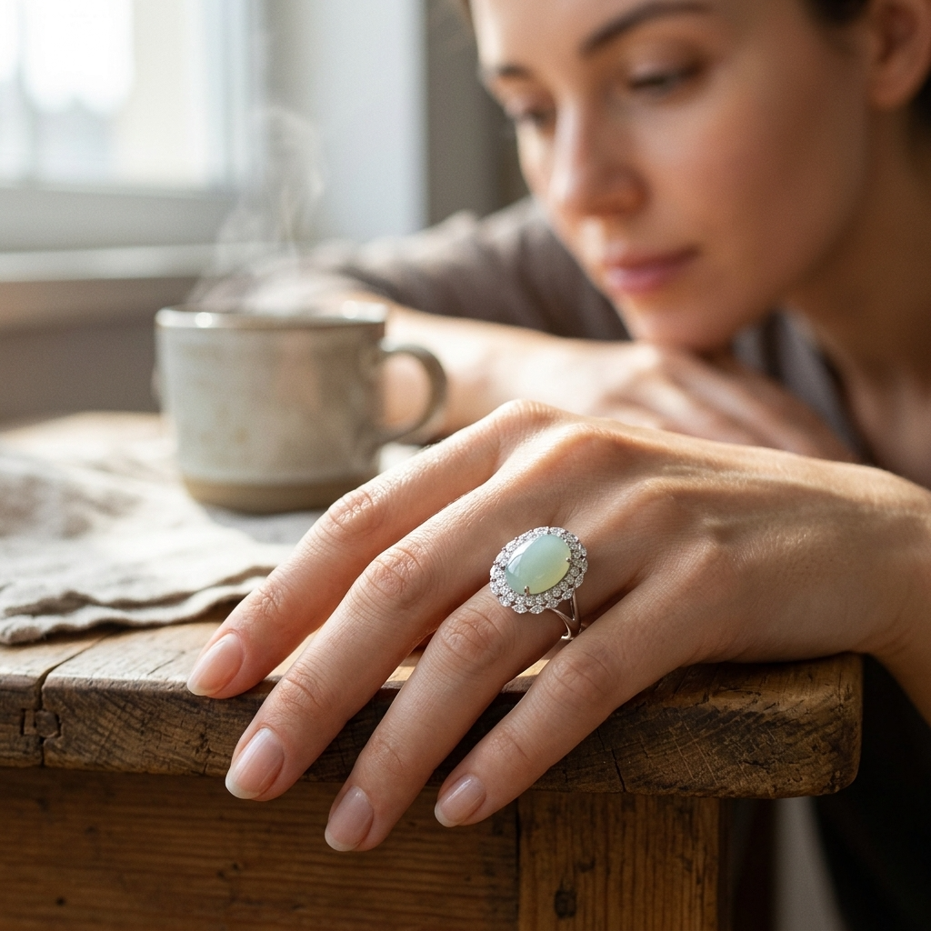 Women's Natural Hetian Jade Ring – 925 Sterling Silver Adjustable size