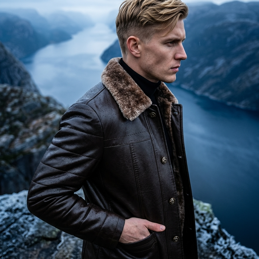 Manteau en cuir mi-long en véritable peau de mouton pour homme – Veste d'hiver doublée de fourrure avec col à revers et fermeture éclair