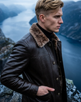 Manteau en cuir mi-long en véritable peau de mouton pour homme – Veste d'hiver doublée de fourrure avec col à revers et fermeture éclair