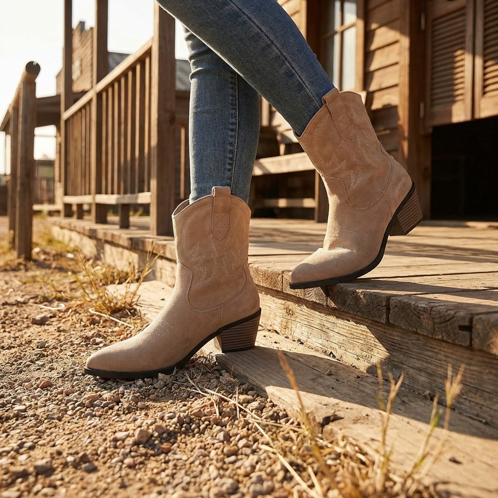 Women's Short Western Cowboy Boots – Suede Pointed Toe Thick Heel Slip-On