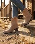 Women's Short Western Cowboy Boots – Suede Pointed Toe Thick Heel Slip-On