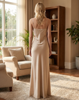 Women's Acetate Satin Slip Dress – V-Neck A-Line Bias Cut Maxi Gown with Adjustable Straps