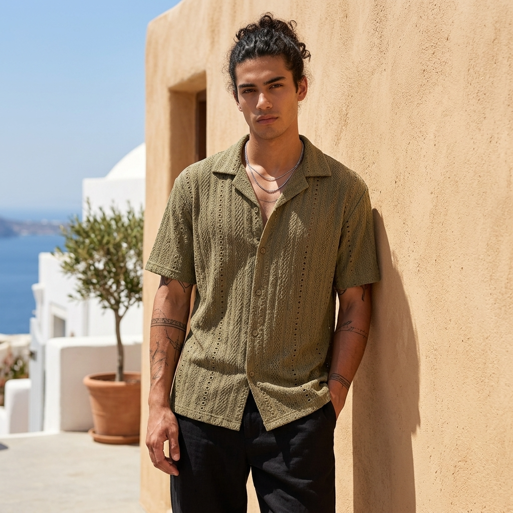 Men's Hollow Cut-Out Cuban Collar Shirt – Loose Fit Short Sleeve