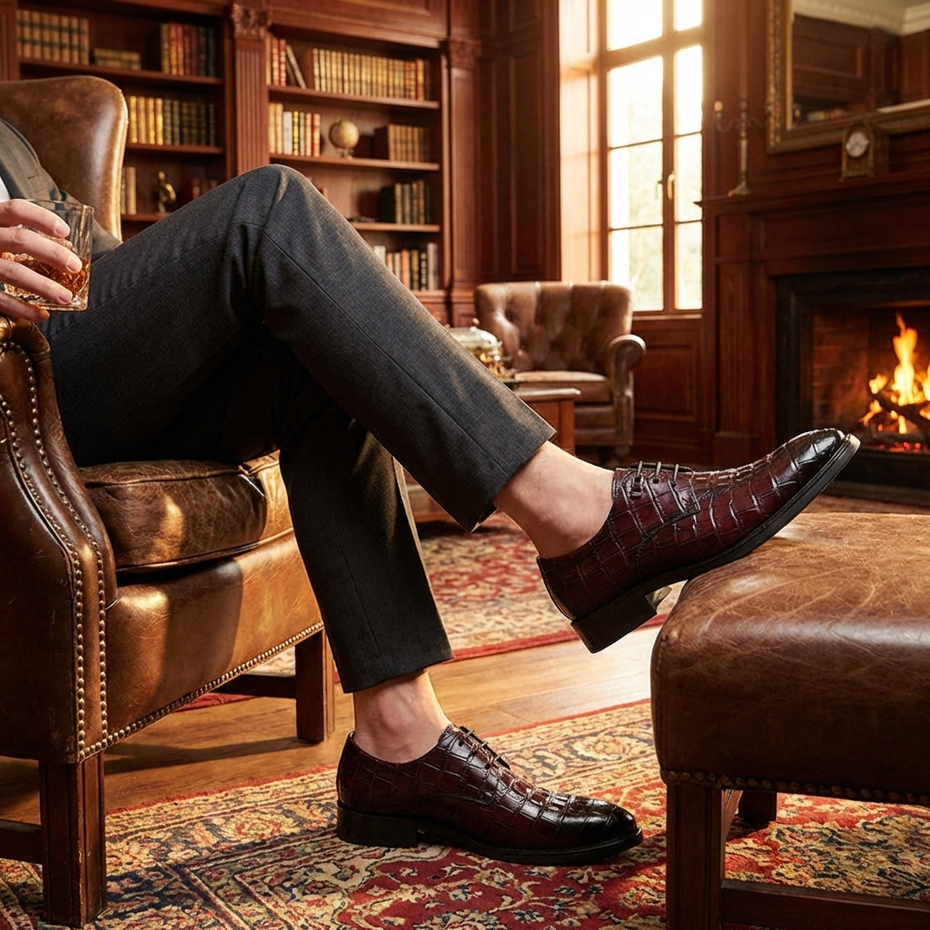 Herren formelle Lederschuhe mit Krokodilmuster – Spitz zulaufende Business- und Hochzeits-Schnürschuhe aus erstklassigem Rindsleder