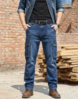 Men's 100% Cotton Straight-Leg Jeans  Overalls – Multi-Pocket Stone Wash