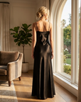 Women's Acetate Satin Slip Dress – V-Neck A-Line Bias Cut Maxi Gown with Adjustable Straps