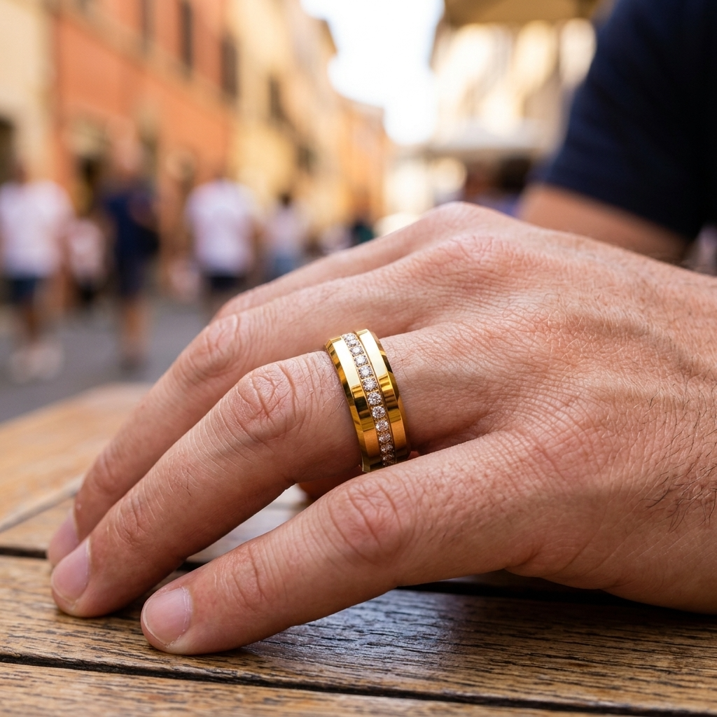 Men's Tungsten Steel Zircon Inlay Gold Ring