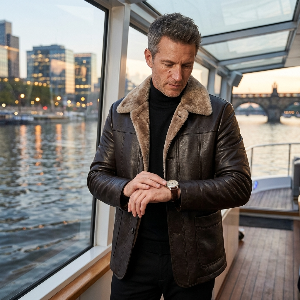 Manteau en cuir mi-long en véritable peau de mouton pour homme – Veste d'hiver doublée de fourrure avec col à revers et fermeture éclair