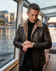 Manteau en cuir mi-long en véritable peau de mouton pour homme – Veste d'hiver doublée de fourrure avec col à revers et fermeture éclair