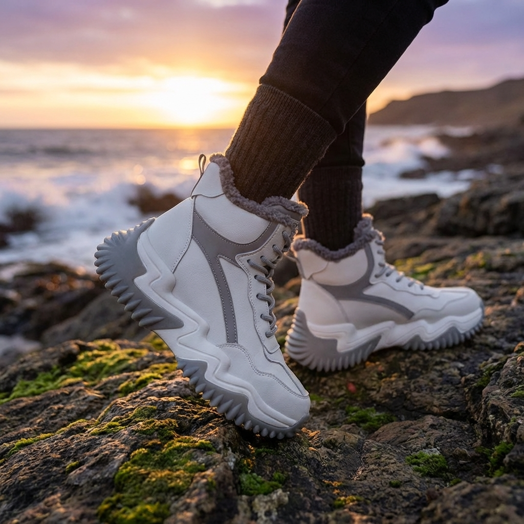 Bottes de neige doublées en peluche pour femme en cuir croûte