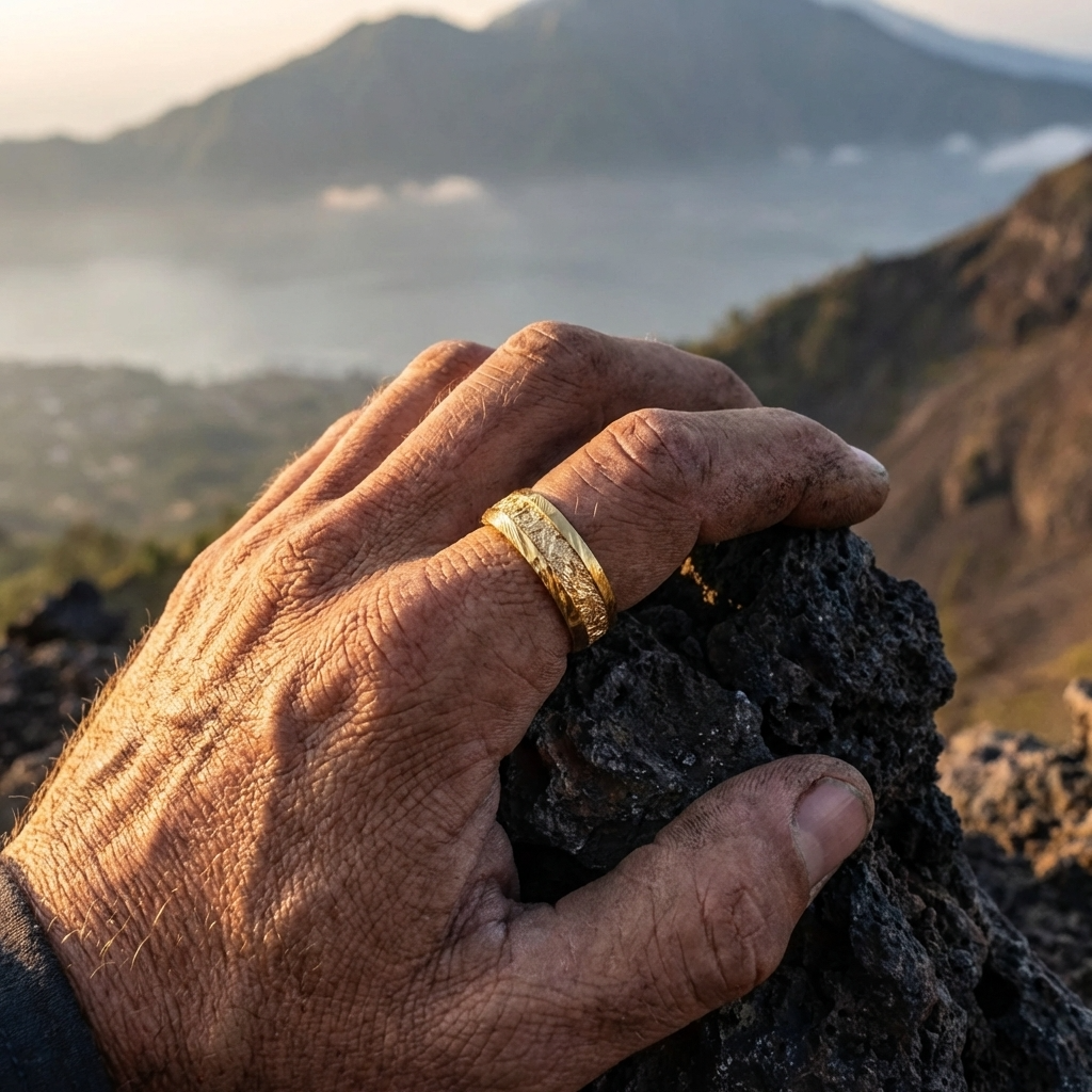 Men's Gold Foil Damascus Steel Ring – Gold-Plated Minimalist Wedding Band with Wavy Pattern Inlay