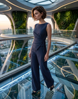 Women's Striped Sleeveless Asymmetrical Top & Straight-Leg Pants Suit
