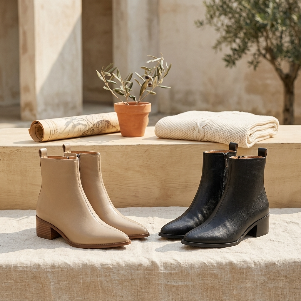 Women's Genuine Leather Pointed-Toe Short Boots – Chunky Heel