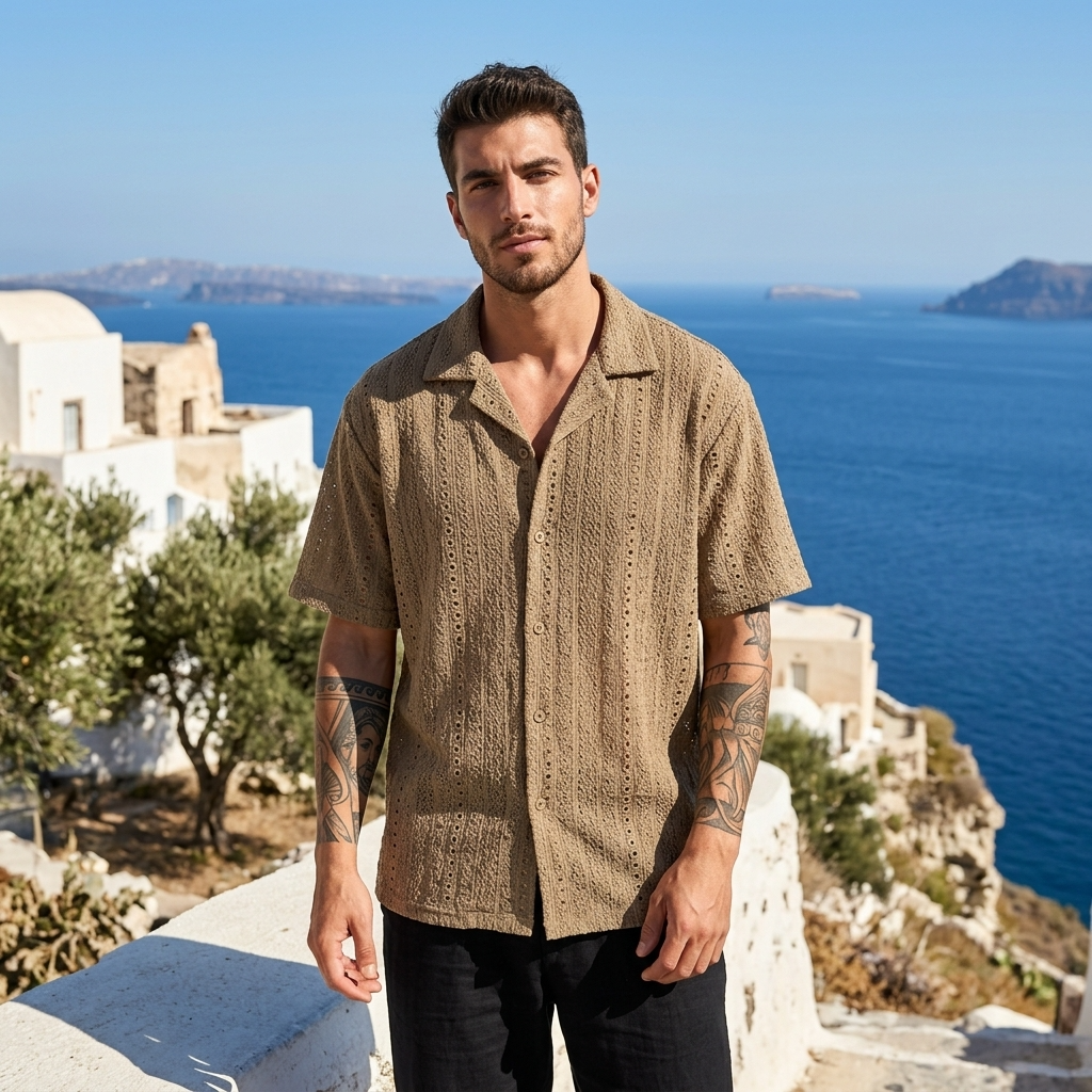 Men's Hollow Cut-Out Cuban Collar Shirt – Loose Fit Short Sleeve