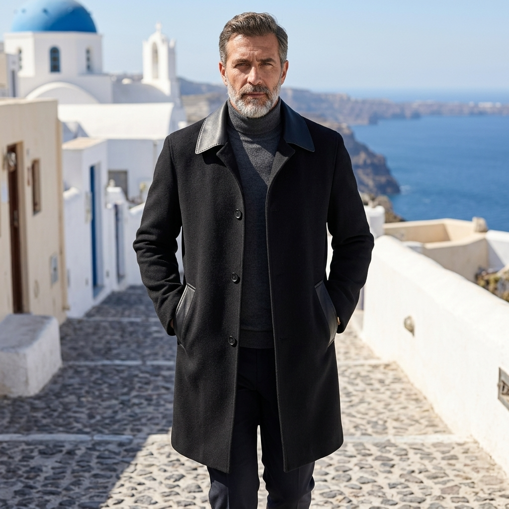 Men's  Wool Double-Faced Trench Coat - Single-Breasted Lapel Overcoat