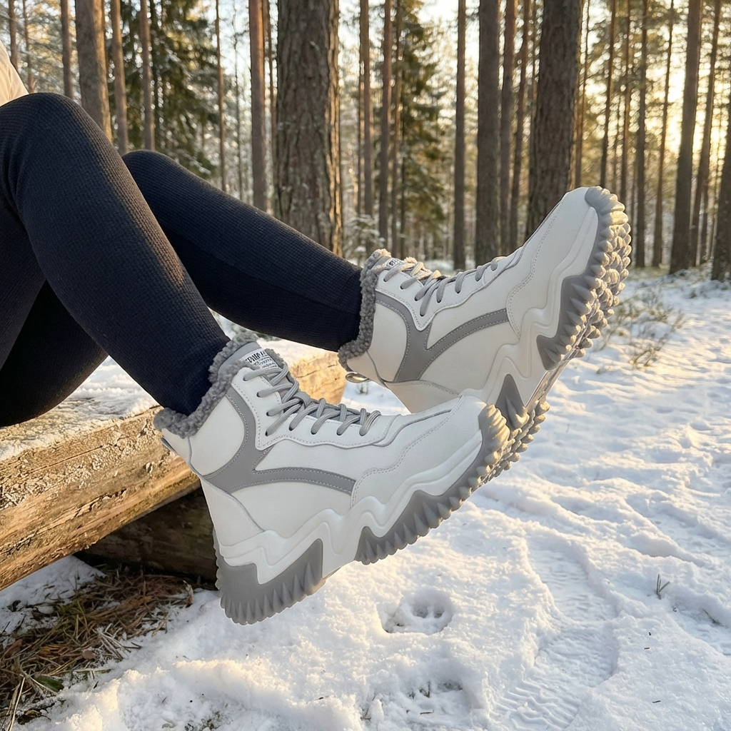 Bottes de neige doublées en peluche pour femme en cuir croûte