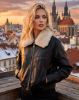 Damen-Lederjacke aus echtem Lammfell mit Fleecefutter – kurze Reißverschluss-Winterjacke mit Revers