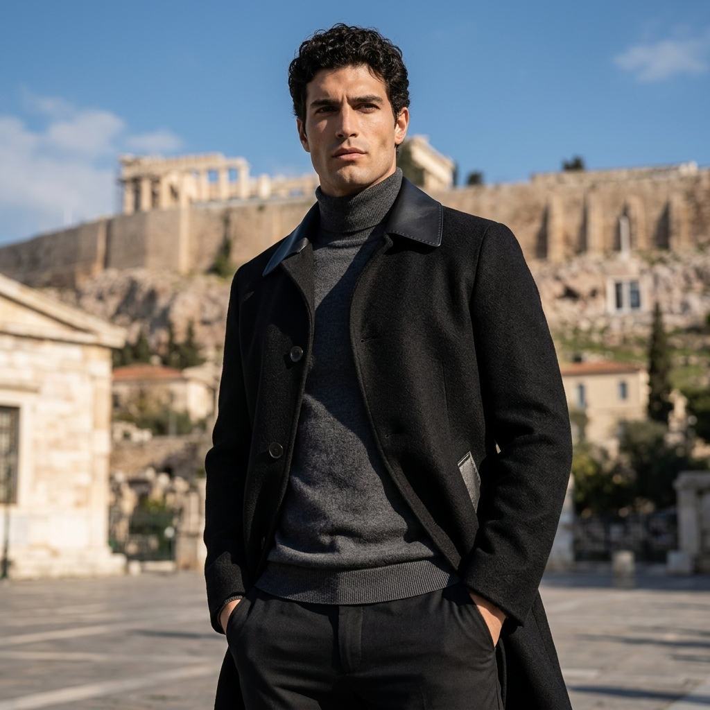 Men's  Wool Double-Faced Trench Coat - Single-Breasted Lapel Overcoat