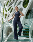Women's Striped Sleeveless Asymmetrical Top & Straight-Leg Pants Suit