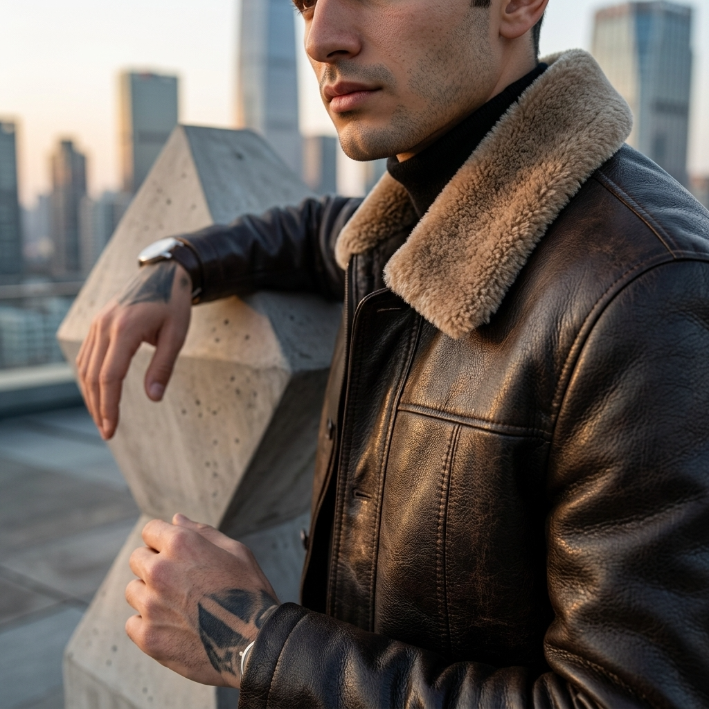 Manteau en cuir mi-long en véritable peau de mouton pour homme – Veste d'hiver doublée de fourrure avec col à revers et fermeture éclair