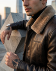 Manteau en cuir mi-long en véritable peau de mouton pour homme – Veste d'hiver doublée de fourrure avec col à revers et fermeture éclair