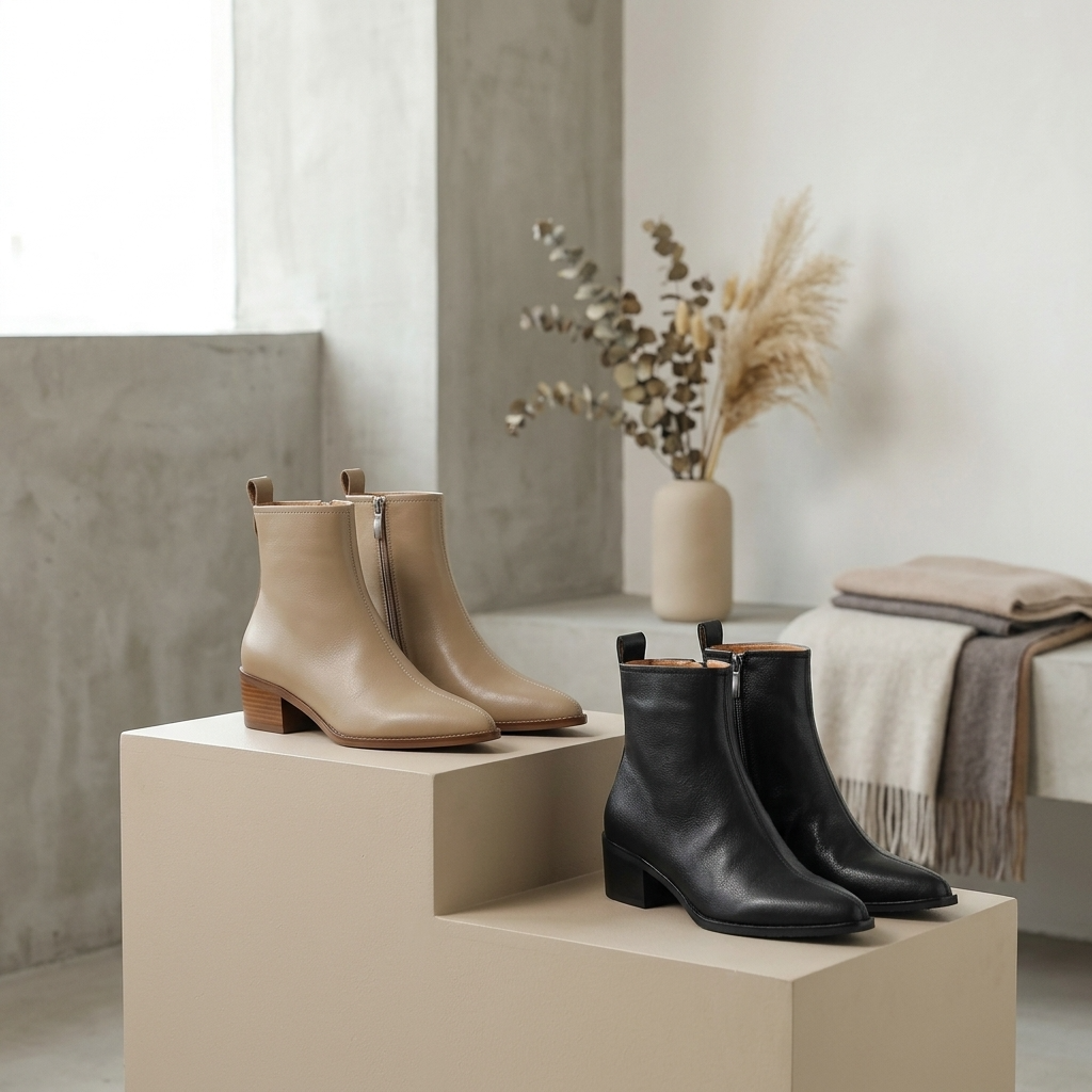 Women's Genuine Leather Pointed-Toe Short Boots – Chunky Heel