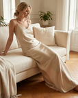 Women's Acetate Satin Slip Dress – V-Neck A-Line Bias Cut Maxi Gown with Adjustable Straps