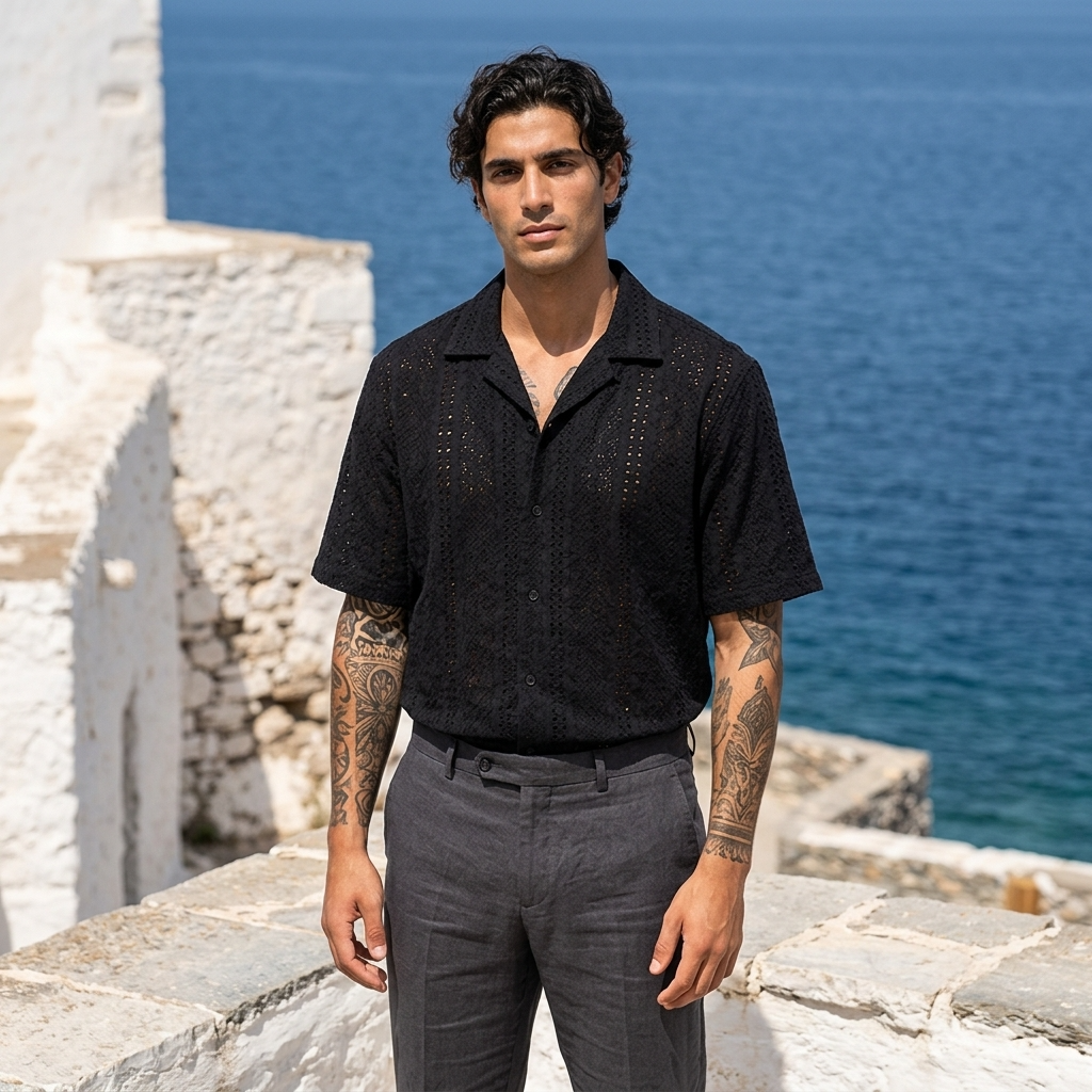 Men's Hollow Cut-Out Cuban Collar Shirt – Loose Fit Short Sleeve