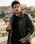 Manteau en cuir mi-long en véritable peau de mouton pour homme – Veste d'hiver doublée de fourrure avec col à revers et fermeture éclair