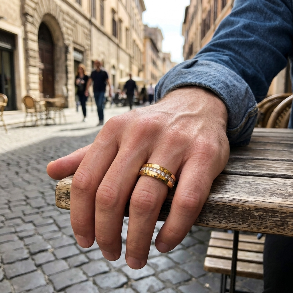 Men's Tungsten Steel Zircon Inlay Gold Ring