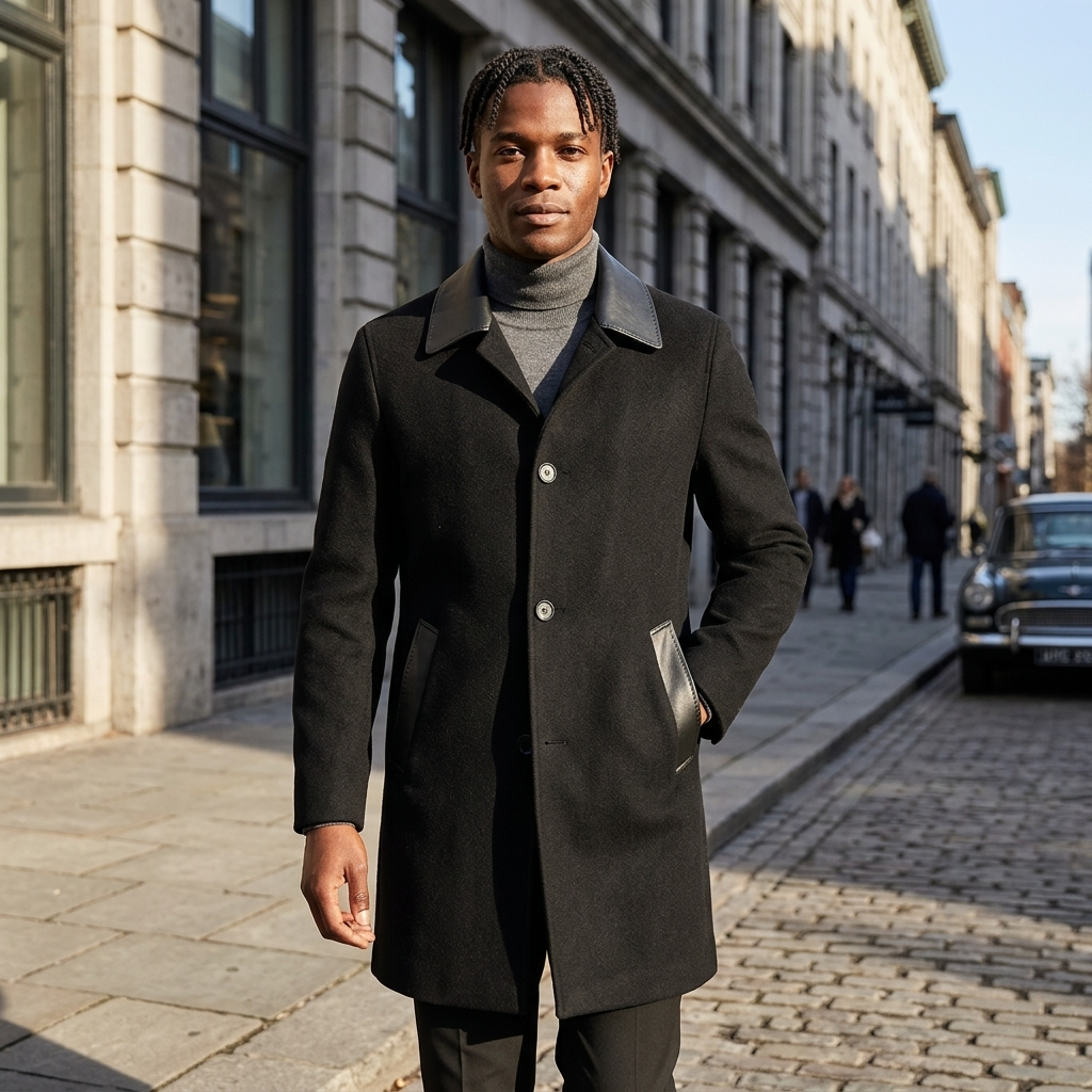 Men's  Wool Double-Faced Trench Coat - Single-Breasted Lapel Overcoat