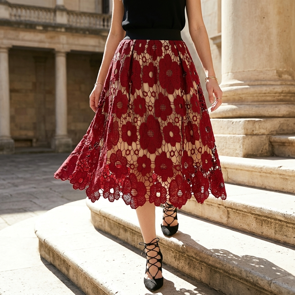 Women's Lace A-Line High-Waist Midi Skirt