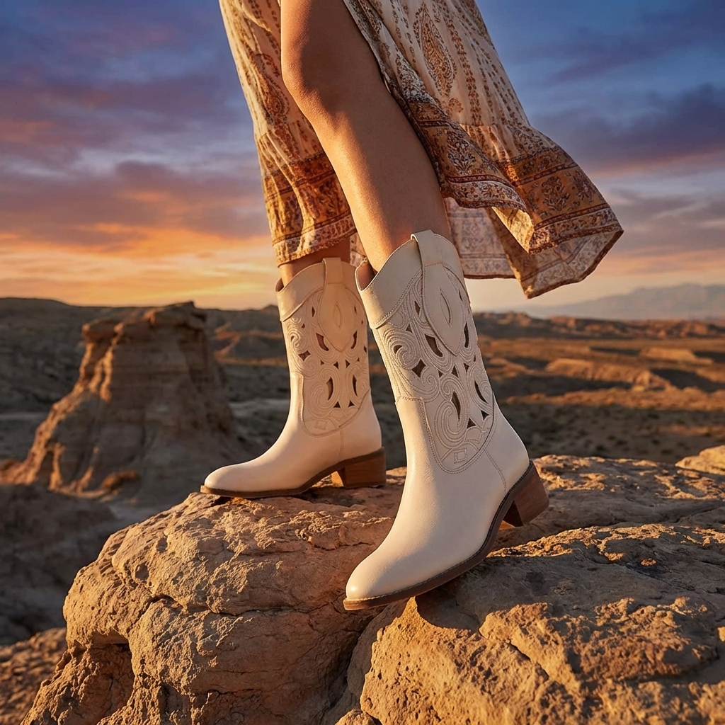 Cowboy-Stiefel für Damen mit Lochmuster – Western-Mid-Calf-Stiefel aus echtem Leder mit Stickerei, Blockabsatz und atmungsaktivem Cut-Out-Design