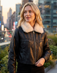 Damen-Lederjacke aus echtem Lammfell mit Fleecefutter – kurze Reißverschluss-Winterjacke mit Revers