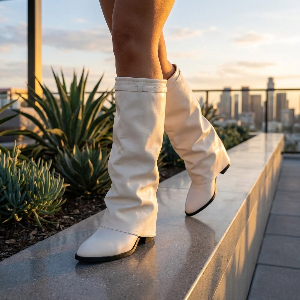 Spitz zulaufende Damenstiefel im Fleece-Stil – Keilabsatz mit Gürtelschnalle